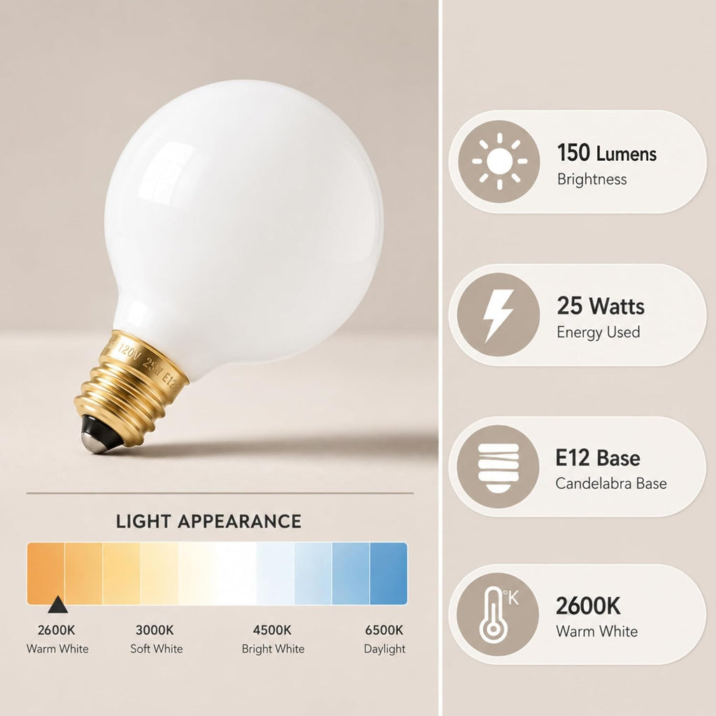 G16.5 White Incandescent Globe Bulbs, 25W, E12 Candelabra Base, 10-Pack