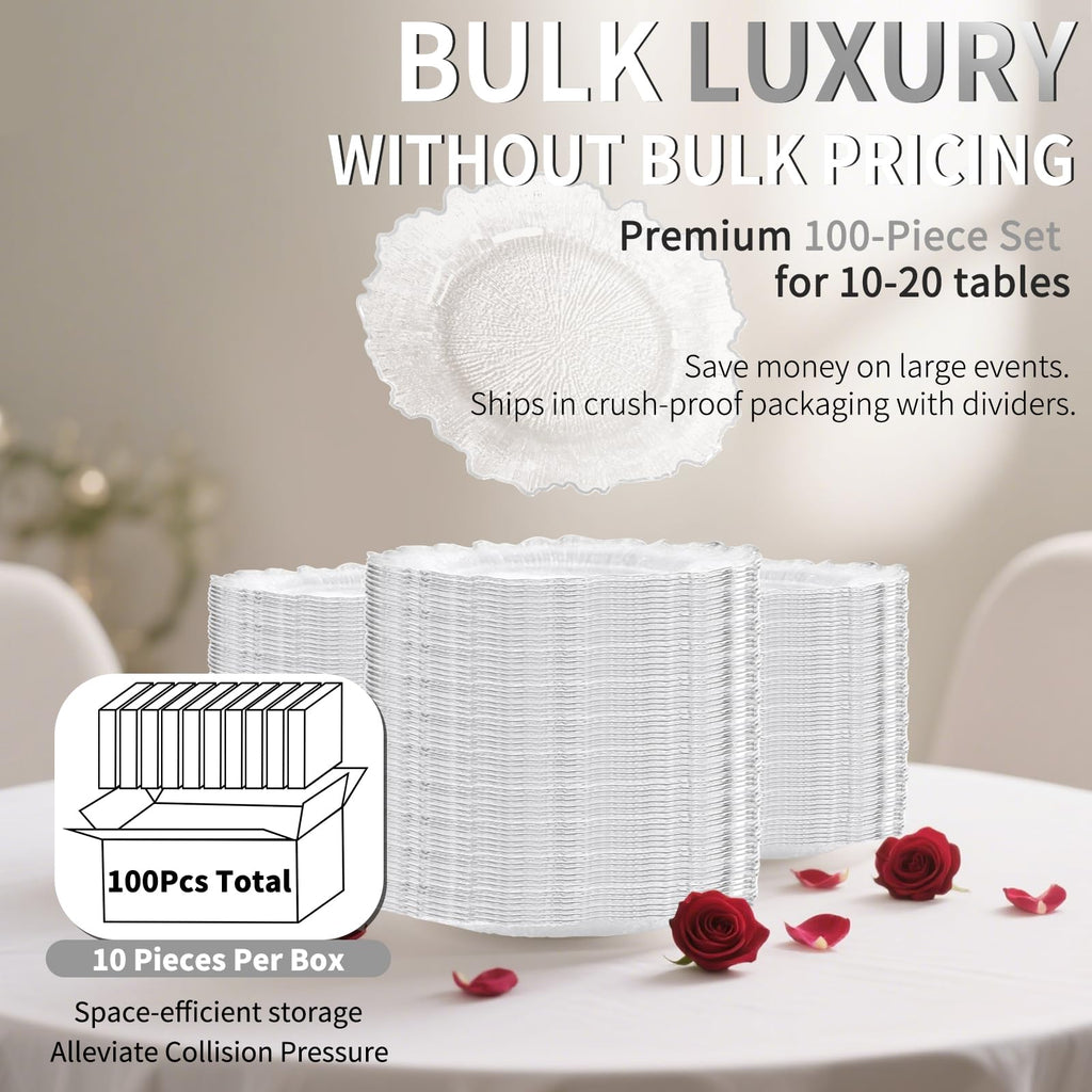 100Pcs Clear Charger Plates Bulk Wedding - 13" Premium Plastic Ruffled Silver Rim Chargers with Flora Reef