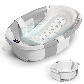 Collapsible Baby Bathtub for Newborn to Toddler 0-36 Months, Spacious Foldable Infant Bath Tub with Thermometer