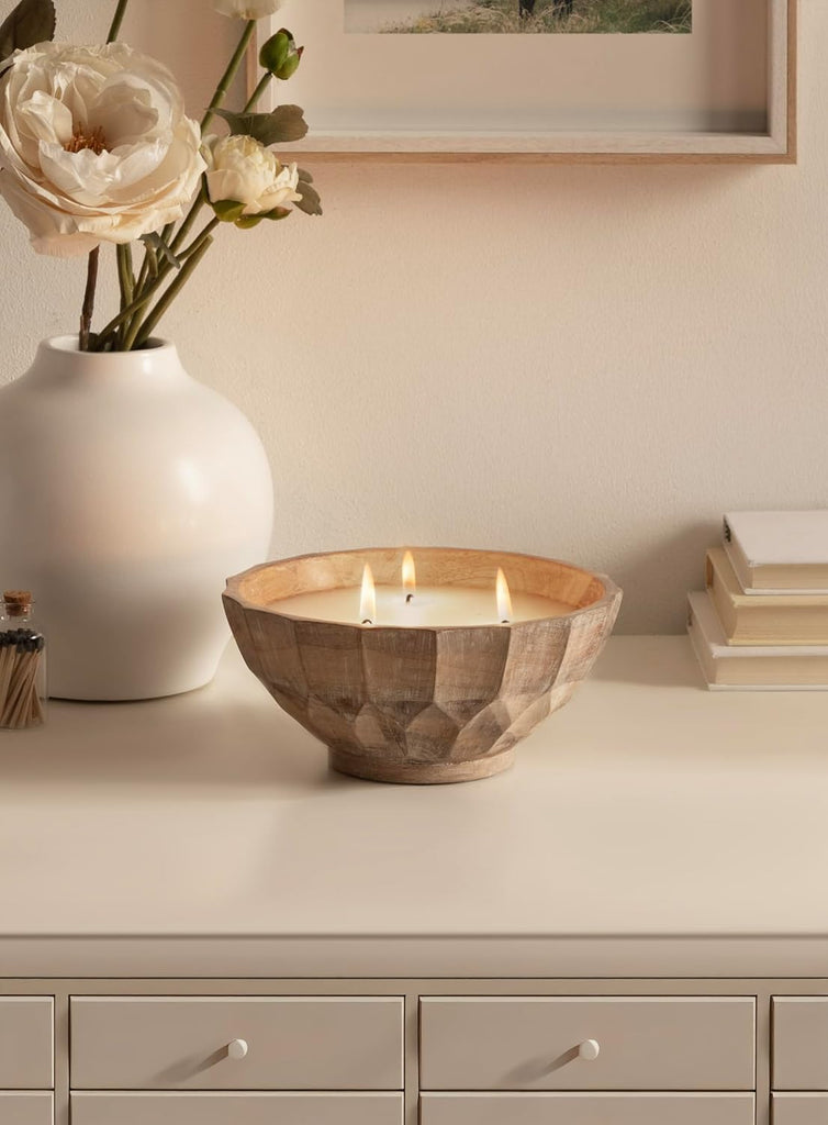 Plete Round Pleated Wood Candle Bowl, 8 Inch Diameter, Light Natural, Modern Scalloped Three-Wick Unscented Candle