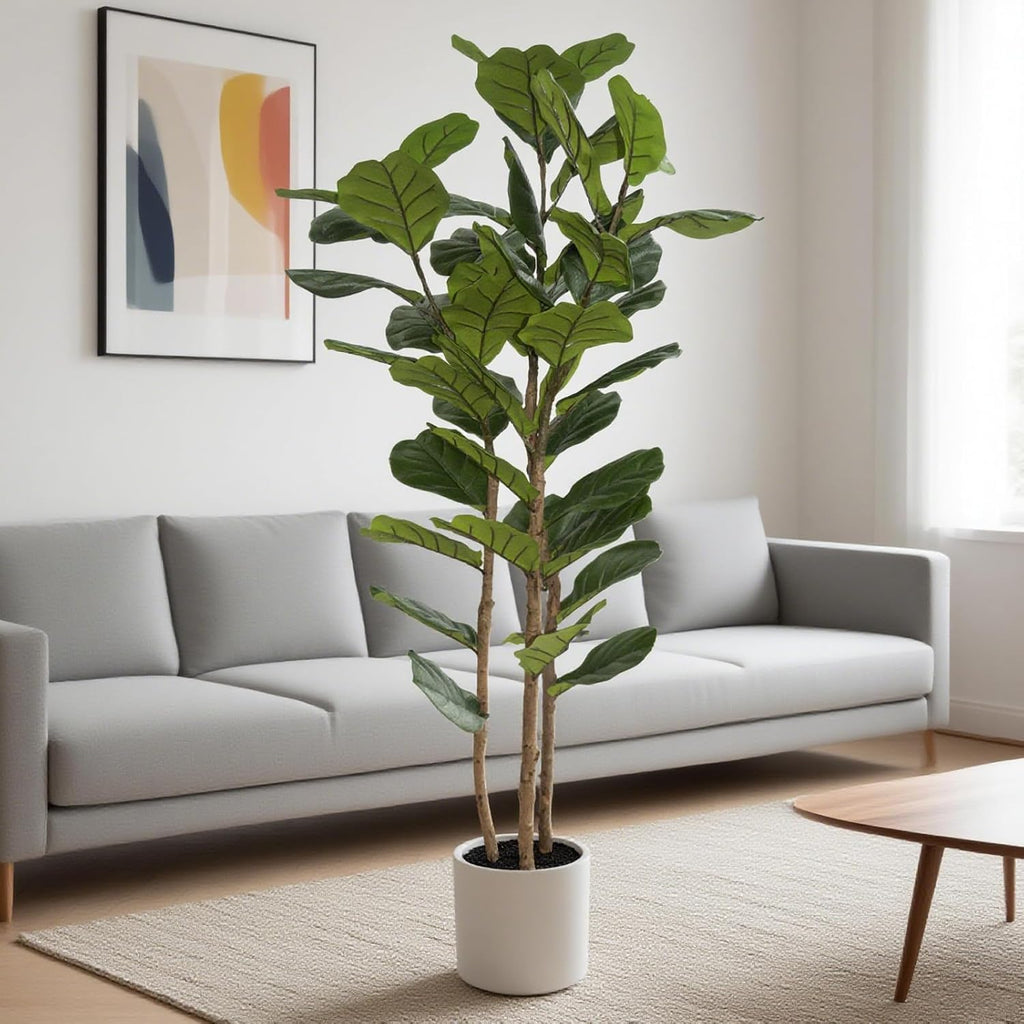 Artificial Fiddle Leaf Fig Tree 6FT with White Tall Planter-Large Faux Tree Tall Fake Floor Plant in Pot,Artificial - Set of 3
