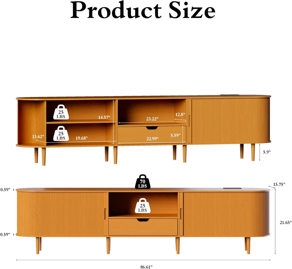 86.6" Fluted TV Stand with Power Outlet for TVs up to 90", TV Console with Adjustable Shelves and Sliding Door,Mid
