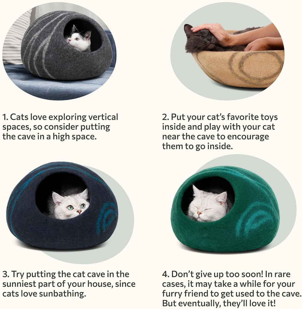Cat Cave - Merino Wool Bed for Indoor Cats (Beige, Medium)