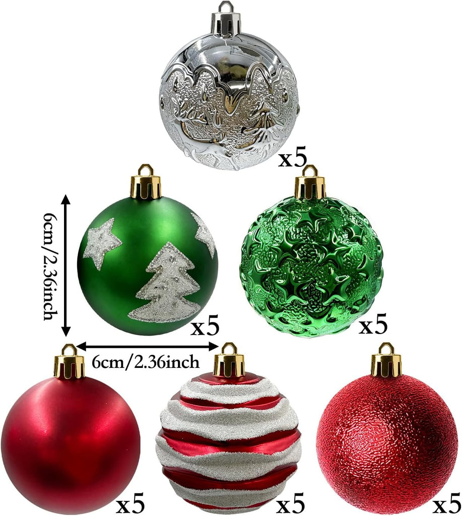 Shatterproof Red Green White Christmas Ornaments Tree Decorations - Set of 30