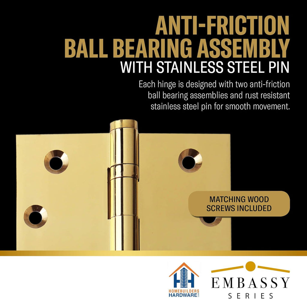 Door Hinge Solid Brass - 3.5 x 3.5 Inch, Heavy Duty, Polished Brass, Ball Bearings