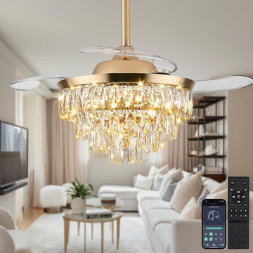 36" Crystal Ceiling Fan with Light, Retractable Fandelier with Remote/App