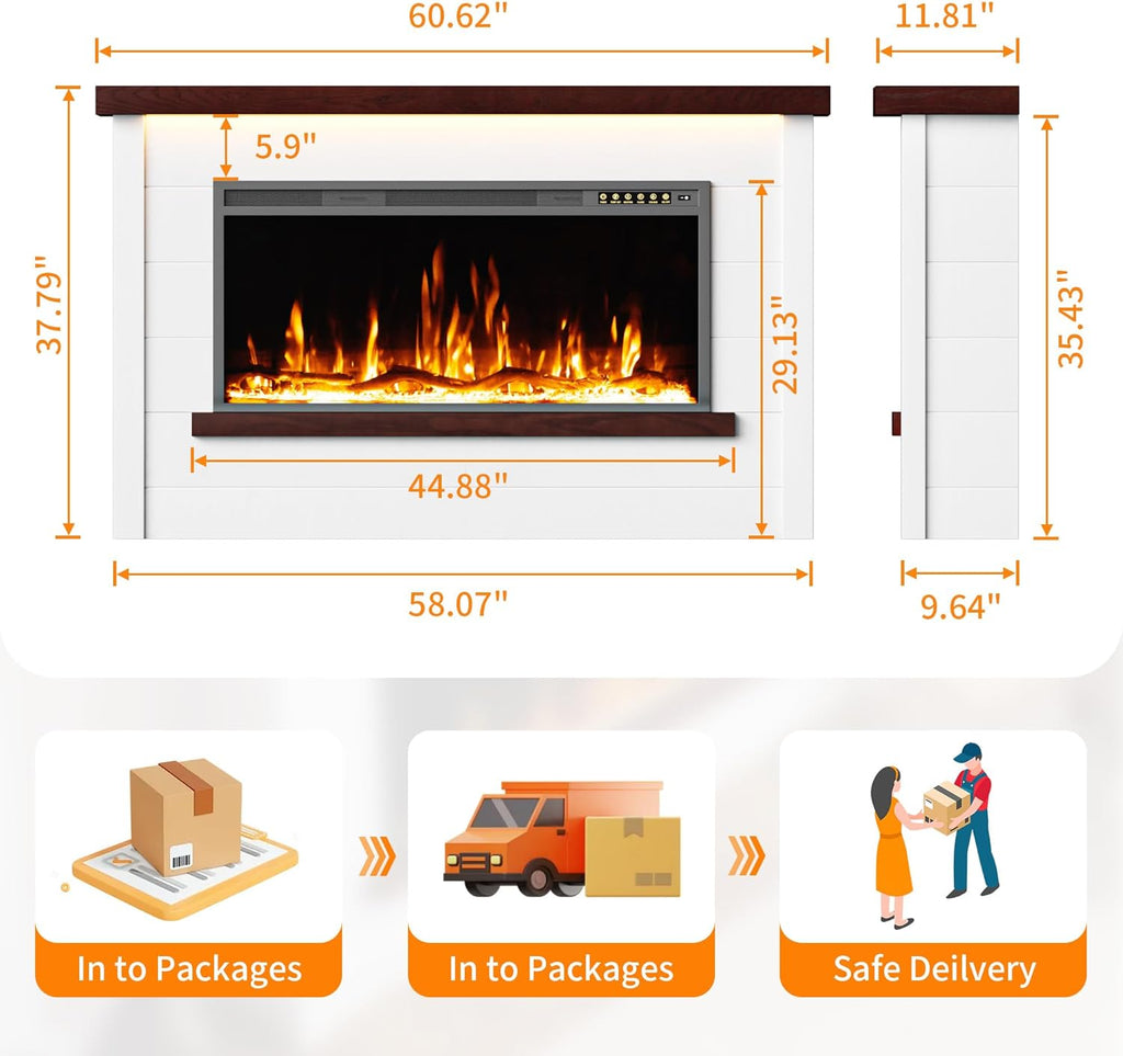 60" Electric Fireplace with Mantel, Fireplace TV Stand with 42"Electric Fireplace Heater, Remote Control