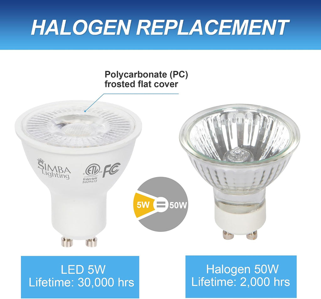 LED GU10 5W ETL Listed Dimmable, Bipin Base, 2700K, 6 Pack
