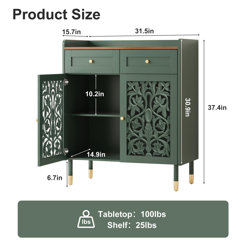 2 Door Retro Carving Sideboard Buffet Cabinet with 1 Drawer, Green