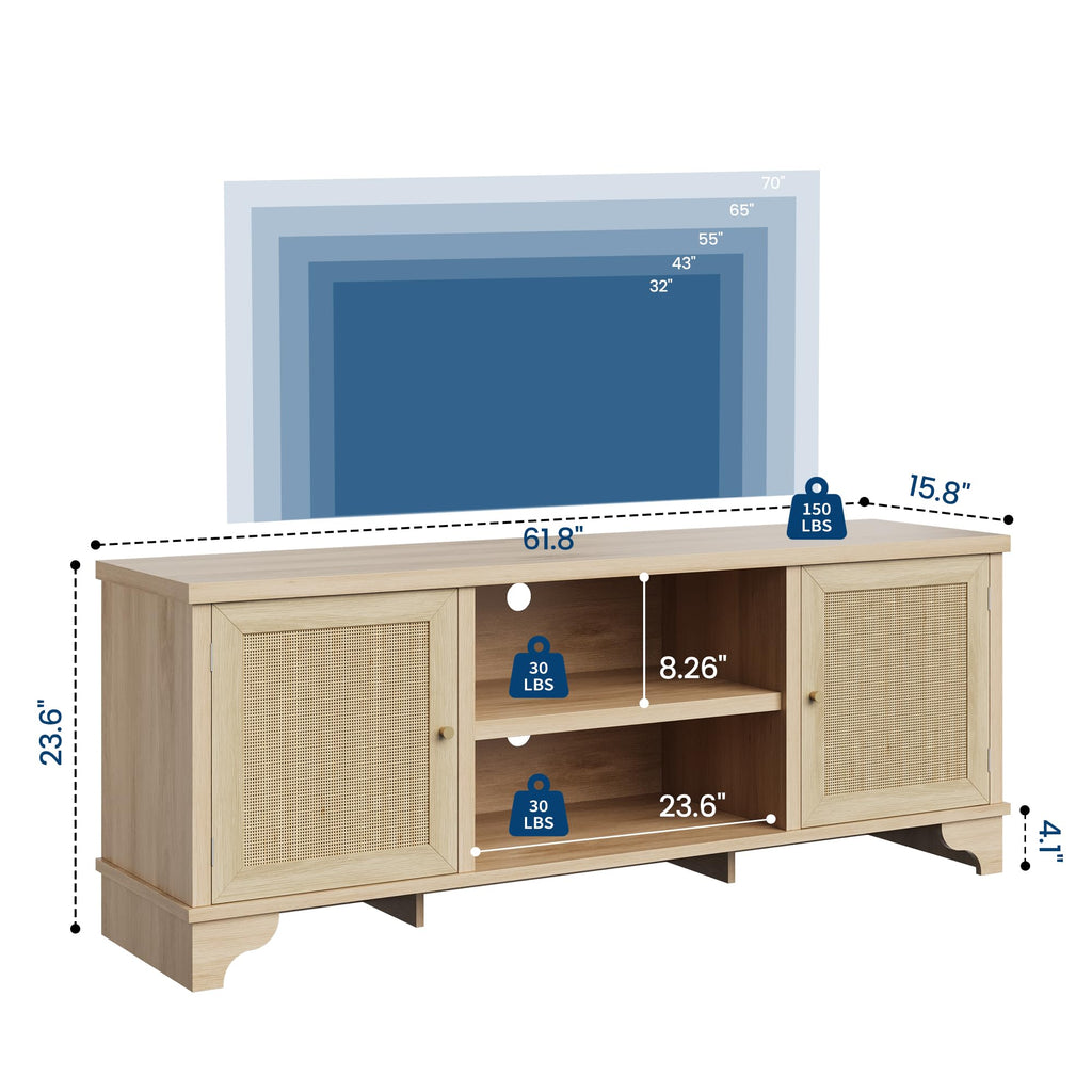 Rattan TV Stand Fits TVs Up to 70 Inches, Boho Entertainment Center with Storage, Wooden Media Console Table