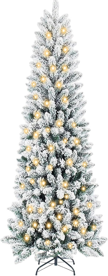 Snow Flocked Pencil Christmas Tree, Prelighted Artificial Slim Christmas Trees with 500 Incandescent Lights, 1100
