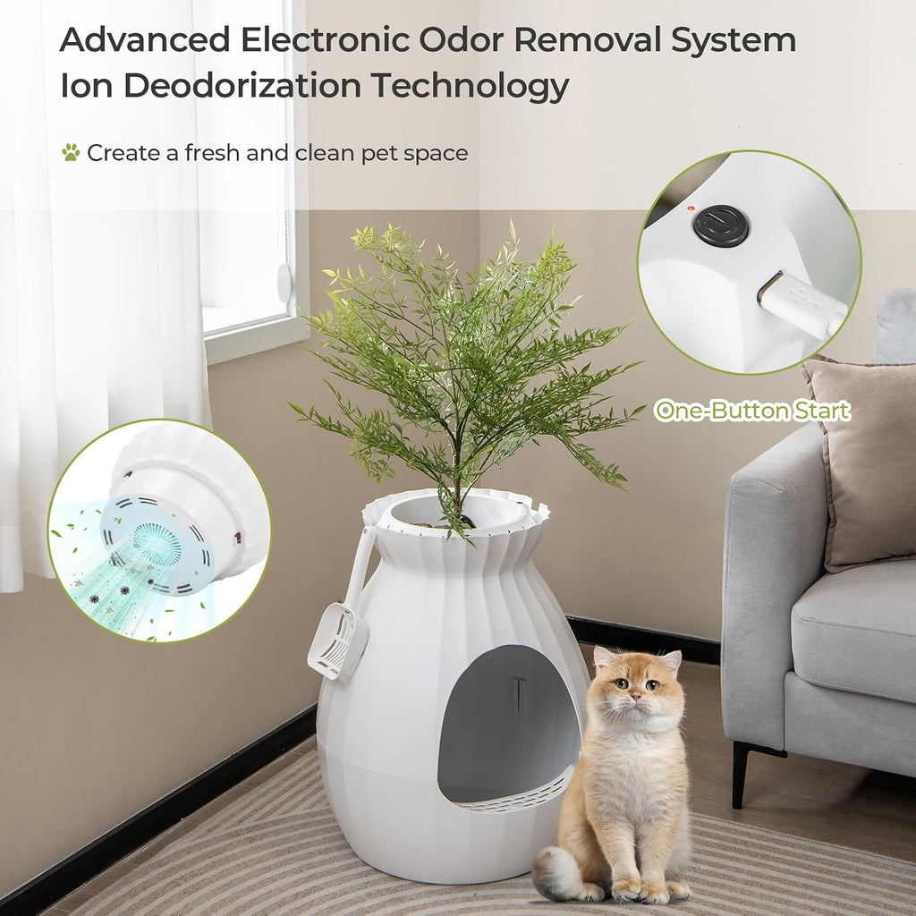 Cat Litter Box Plant - Hidden Litter Box Furniture with Electronic Odor Removal System, Detachable Door Curtain