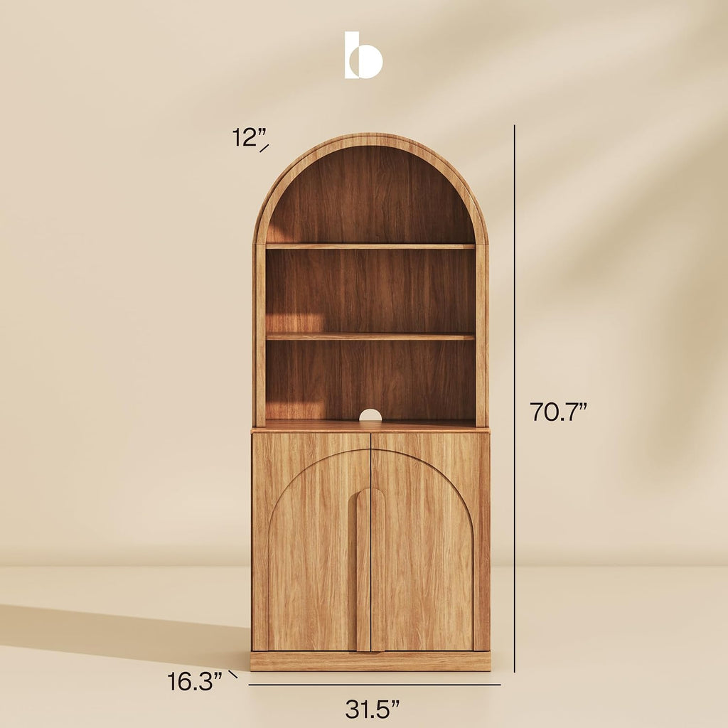 Arched Bookshelf with Storage, 71" Tall Wood Curio Display Cabinet with Adjustable Shelf, 5 Tier Modern Bookcase