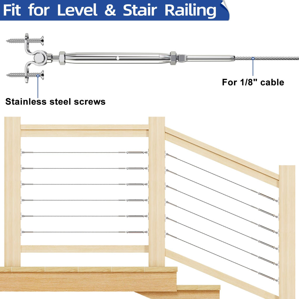 30 Sets T316 Stainless Steel Angle 180° Adjustable Swage Toggle Turnbuckle & End Deck Cable Railing Kit fits for 1/8"