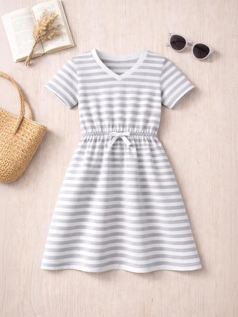 Girls' Striped Dress Elastic Waist Short Sleeve Spring Summer Casual Dress -13