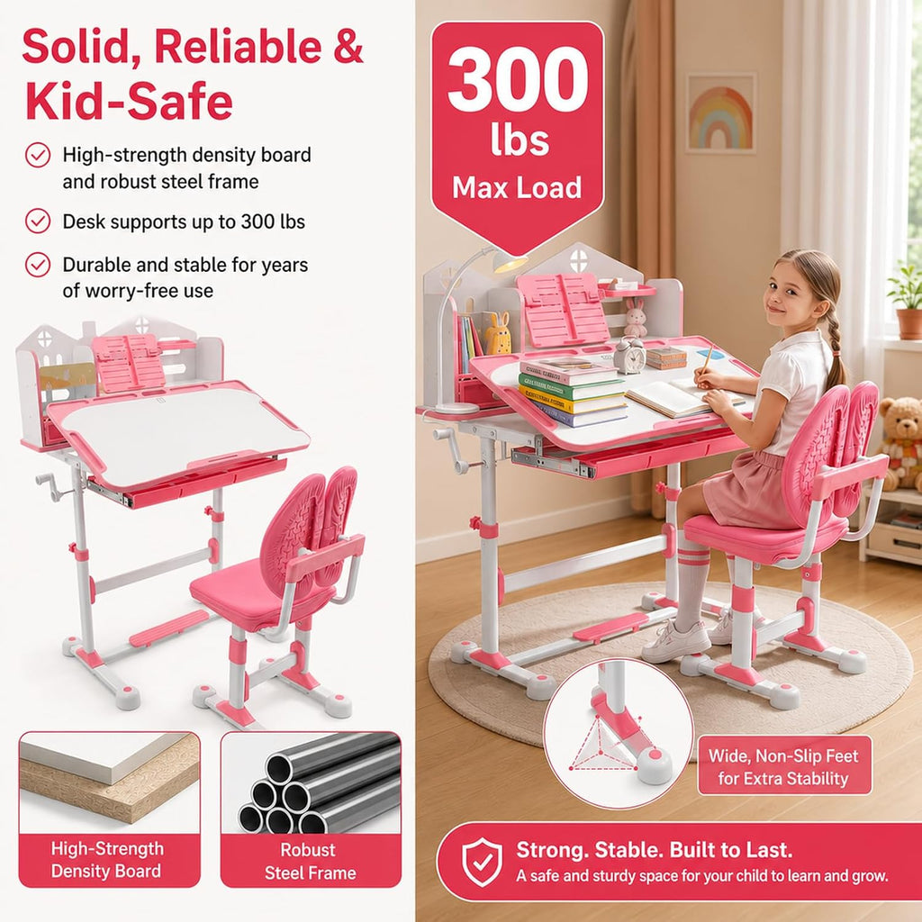 Kids Study Desk and Chair Set with Drawers, Adjustable Height Desk,Pink