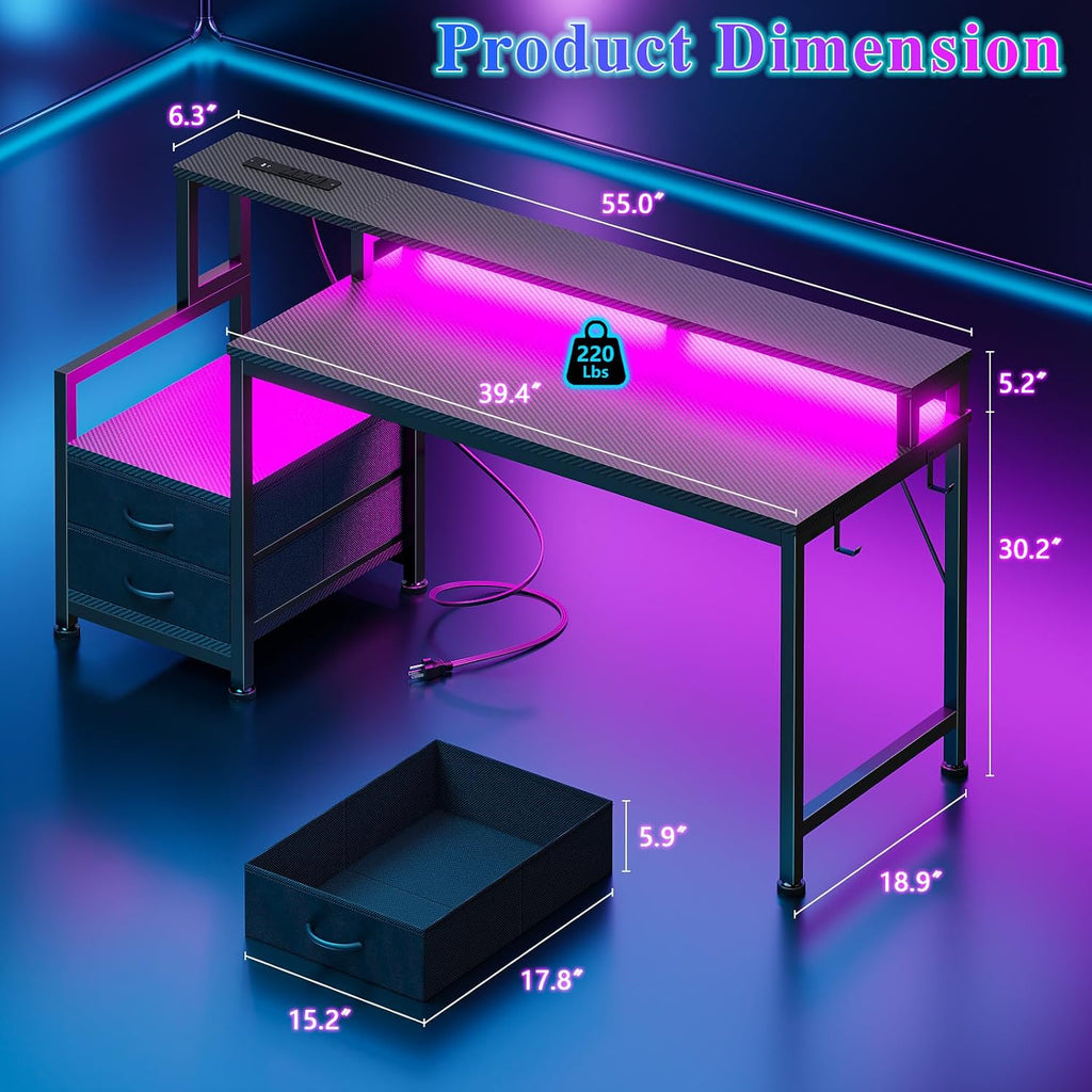 55" Gaming Desk with LED Lights & USB-C Port, Carbon Fiber Black | Reversible Large Computer Desk with 2 Fabric