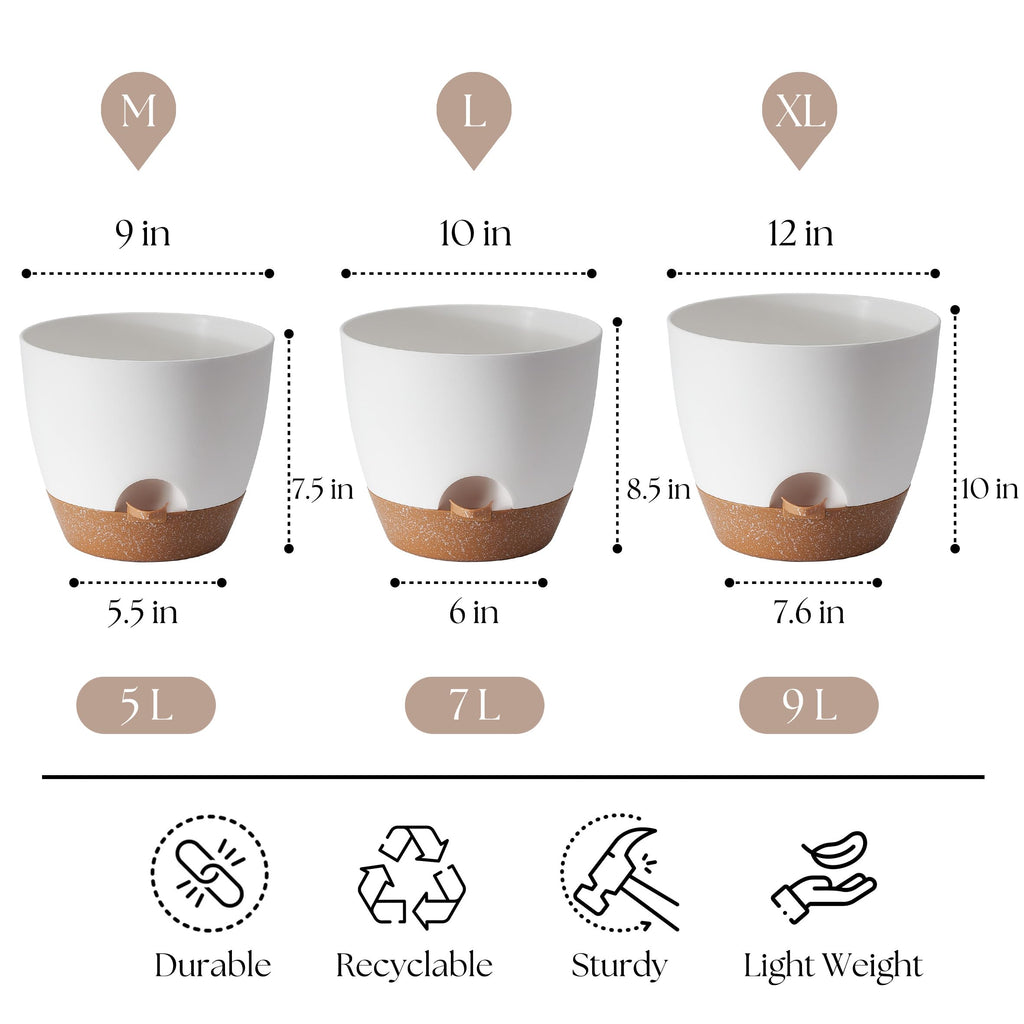 Plant Pots 12/10/9 Inch Set of 3, Self Watering Planters with Drainage Holes and Water Reservoir, Heavy Duty Plastic
