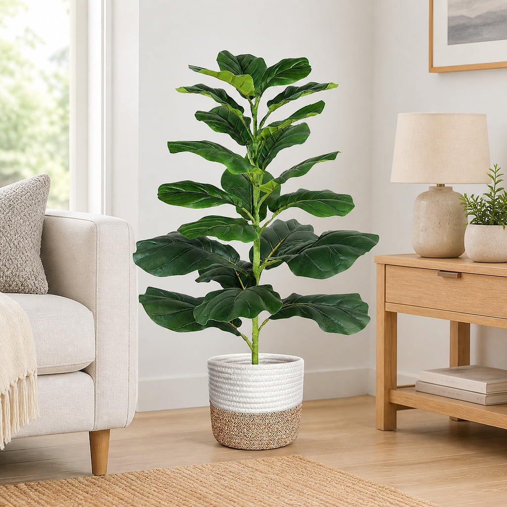 30" Artificial Fiddle Leaf Fig Tree, Realistic Fake Plants Faux Trees Indoor with Cotton Rope Basket, Artificial