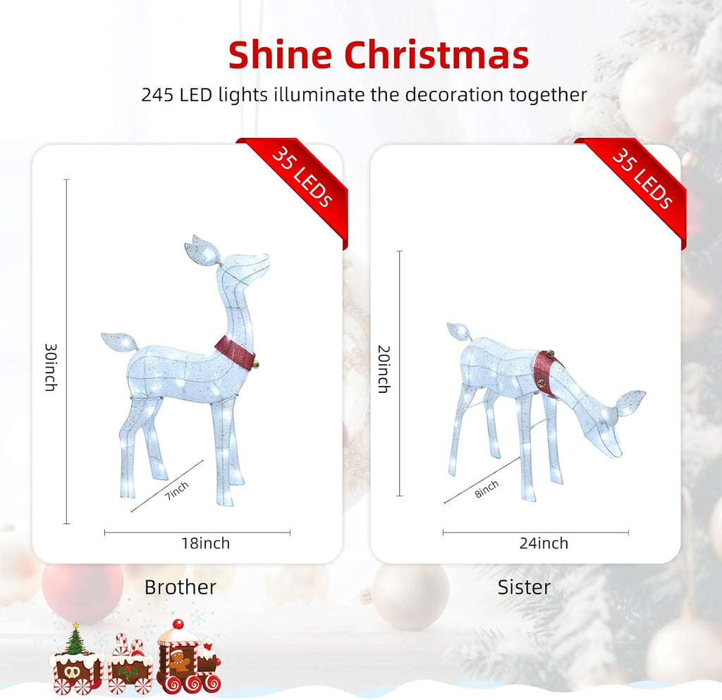 Christmas Decorations Outdoor Reindeer Family - 4-Piece 3D Lighted Deer Set with 245 LED Lights, Yard Christmas Decor