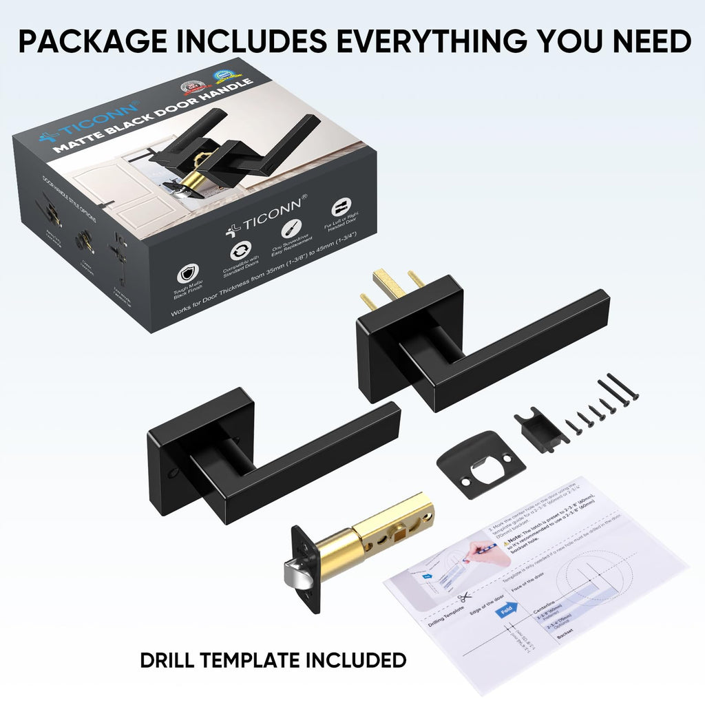 1PK Matte Black Door Handles Interior, Reversible Square Door Levers Knob (No Lock, 1PK Passage)