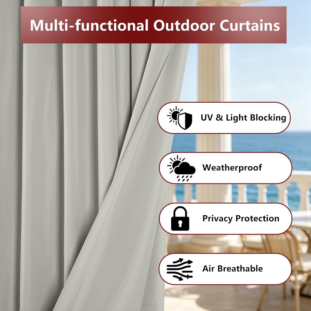 8 Panels Outdoor Curtains Waterproof - 52x95 Inches Silver Blackout Curtains, Polyester Weatherproof Privacy Drapes