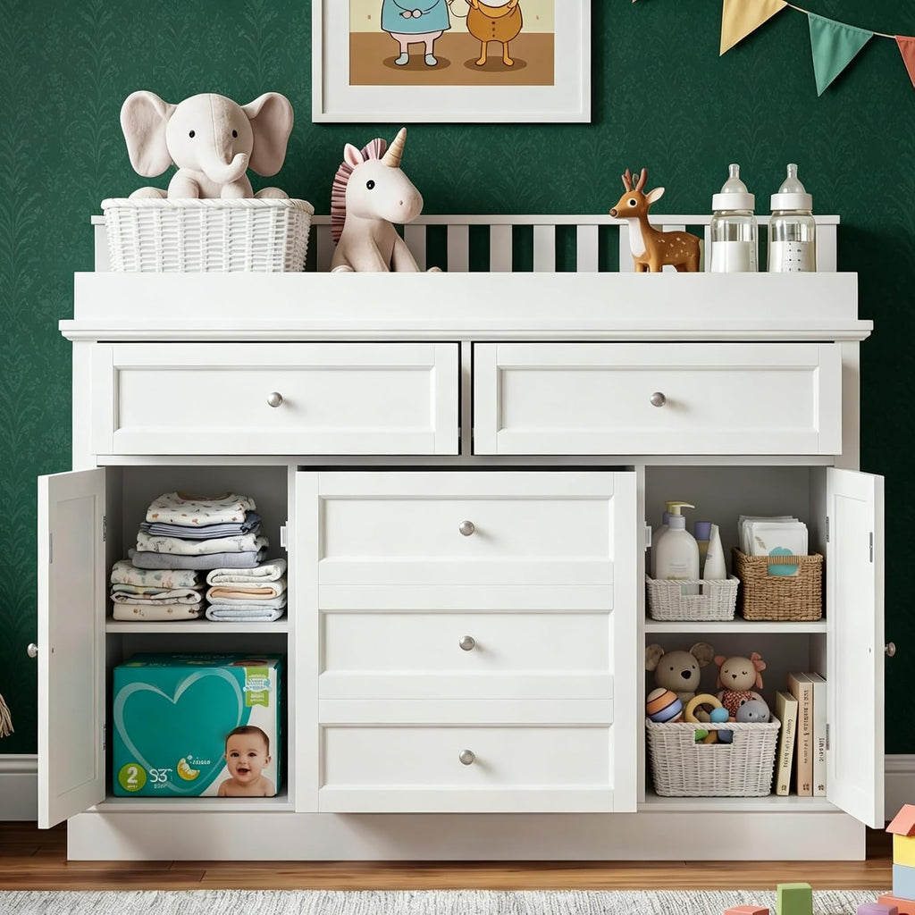46" Large White Baby Kids Dresser with a Removable Changing Top | Large Chest of Drawers Dresser , 5 Storage Drawers
