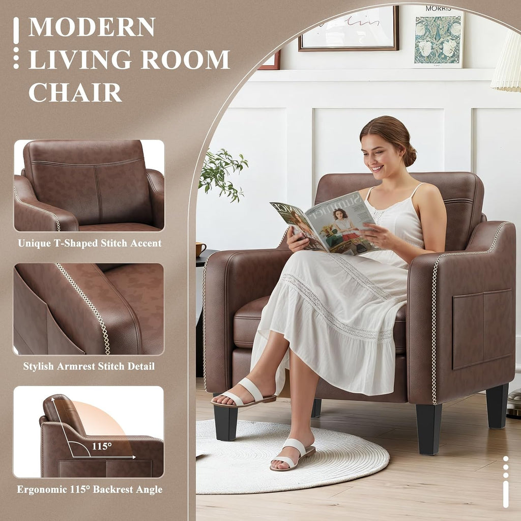 PU Leather Accent Chair, Mid-Century Modern Living Room Armchair Sofa with Removable Cushions, Solid Wood Frame &