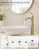 Gold Vessel Sink Faucet, Brass Tall Bathroom Sink Faucet One Hole with 1 Handle, Pop Up Drain