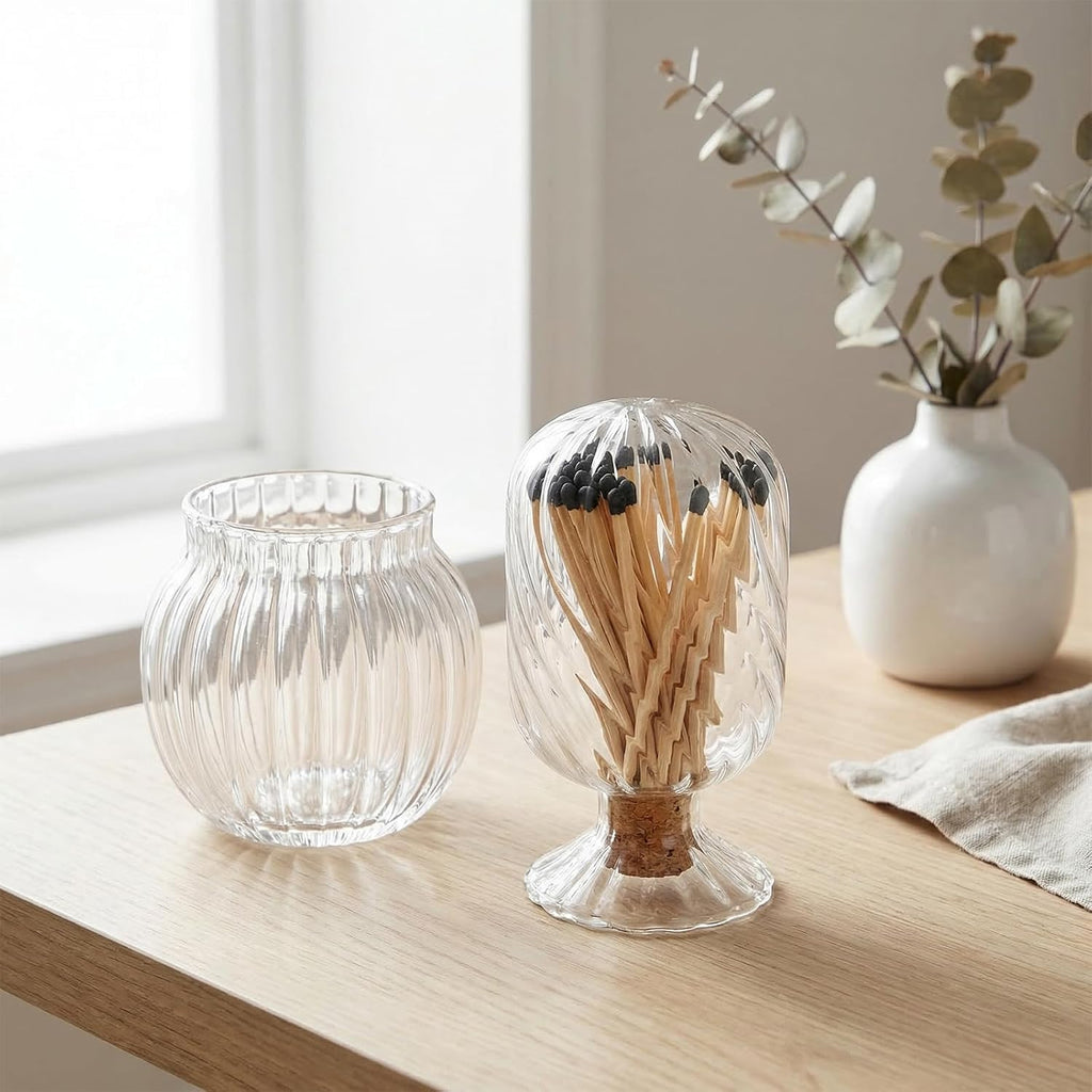 Transparent Helix Glass Match Cloche, Decorative Match Holder Jar, Stylish Matches in a Jar for Candles & Fireplace