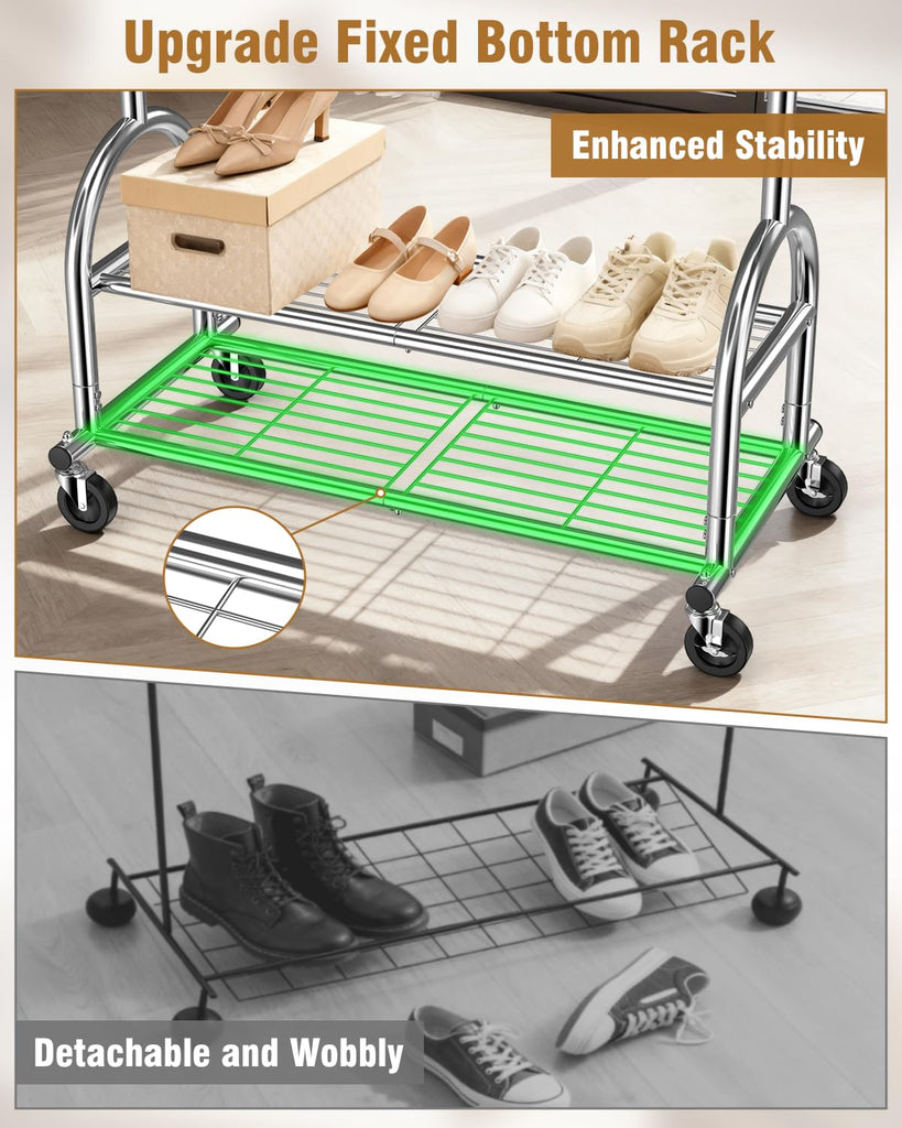 Rolling Clothes Rack Heavy Duty Clothing Rack with 2 Shelves, Silver