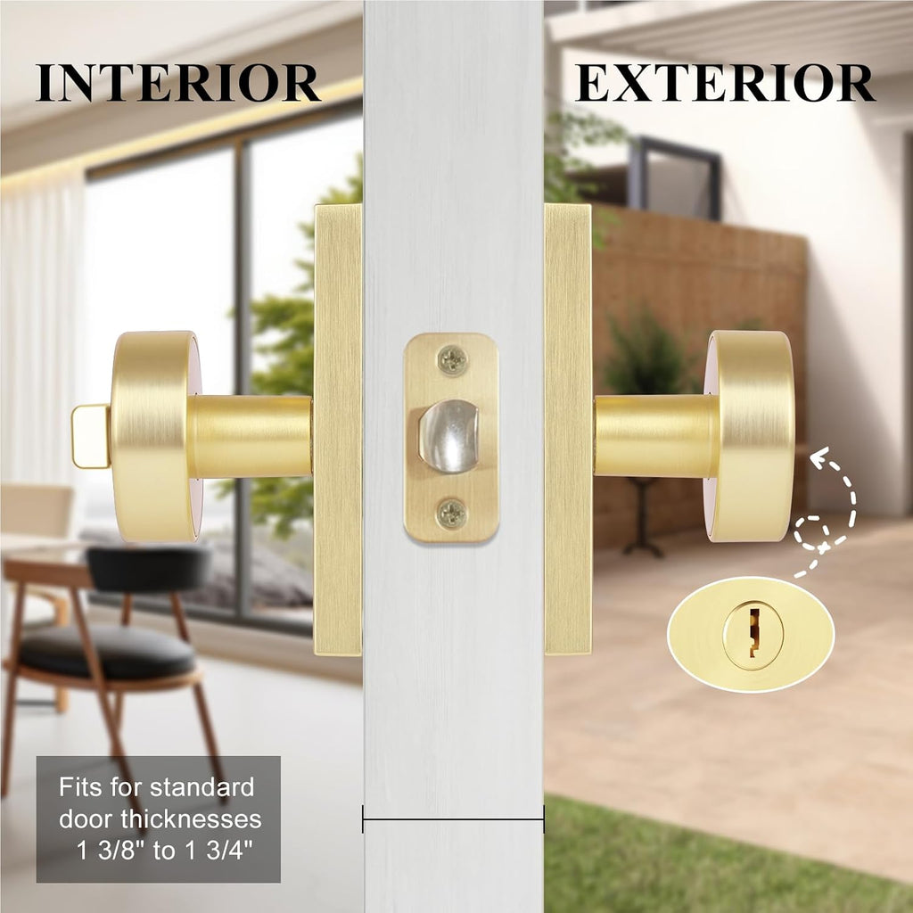 Brushed Gold Brass Exterior Entry Door Knob with Lock and Keys