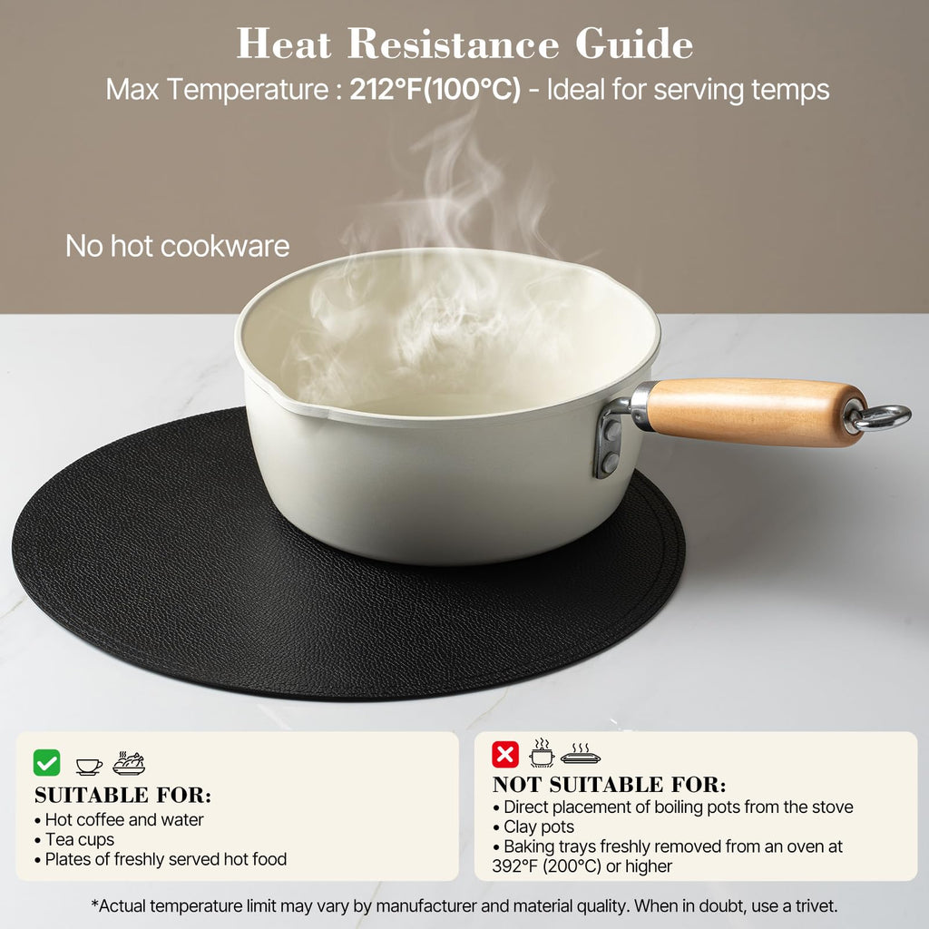 Set of 6 Faux Leather Round Placemats and Coasters, 13''and 3.9'', Black