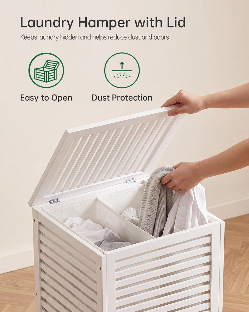 Double Laundry Hamper with Lid, 120L Bamboo Laundry Basket with Removable Liner Bag, 2-Section Clothes Divider