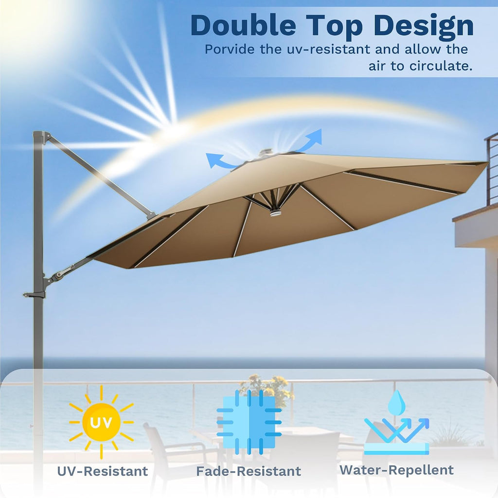 10ft Solar LED Patio Umbrella, Round Cantilever Outdoor Umbrella with Solar Lights and 360-Degree Rotation
