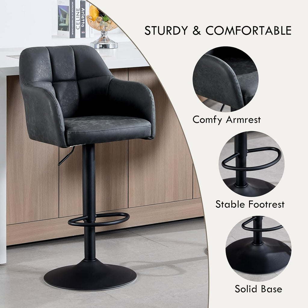 Modern Leather Barstools Set of 4 Swivel Counter Height Barstools with Armrest and Bcak Upholstered Adjustable Bar