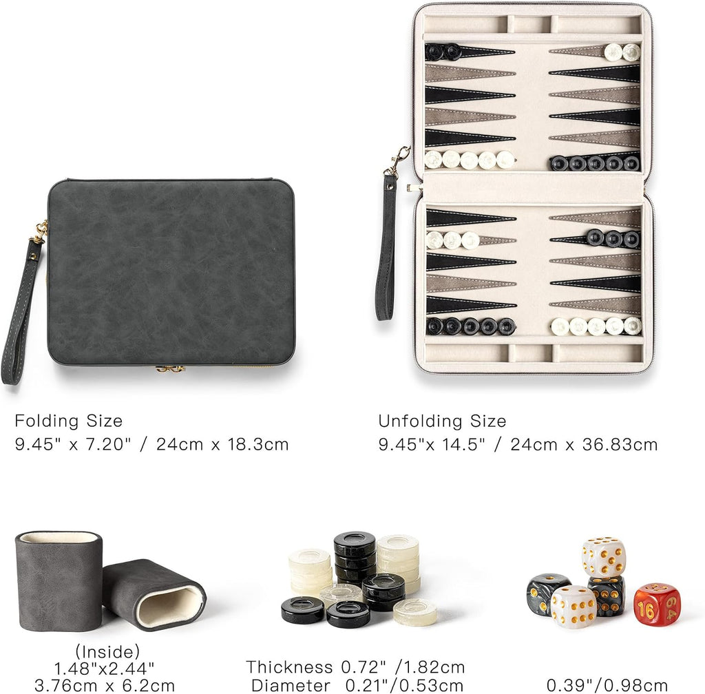 Backgammon Sets for Adults and Kids, Classic Backgammon Board with Unique Checkers Dice, Folding Faux Leather