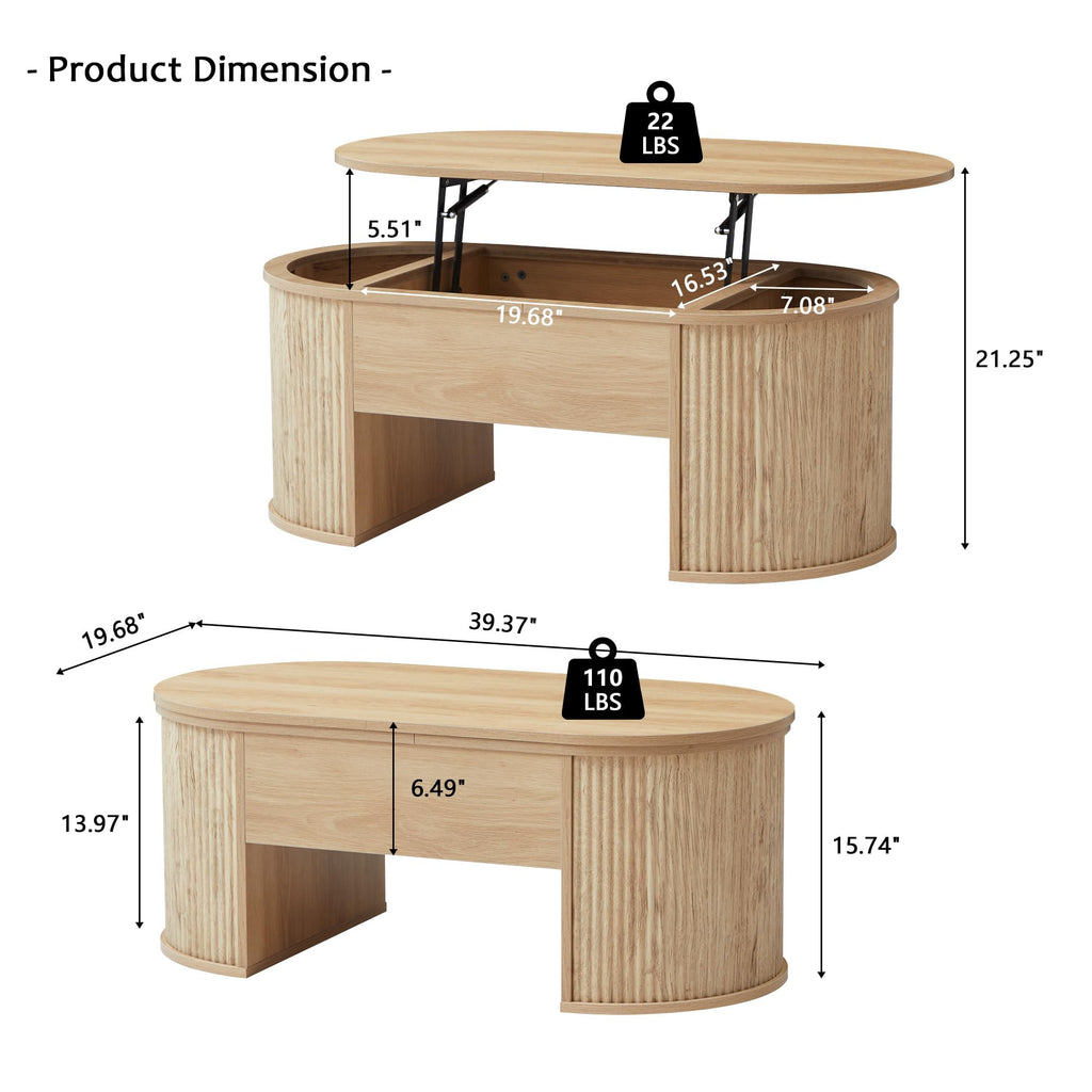 Fluted with Lifting Top, Oval Wood Lift Top with Hidden Compartment, Mid Century Pull up Center Tables - Natural