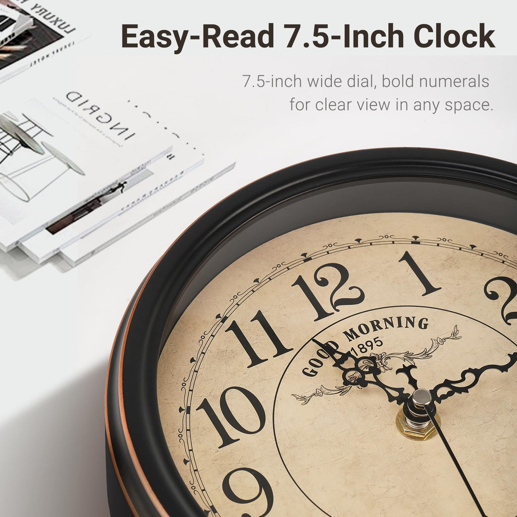 7-Inch Retro Mantel Desk Clocks, Silent Vintage Table Clock with All Metal Frame, Easy to Read Larege Retro Mantel