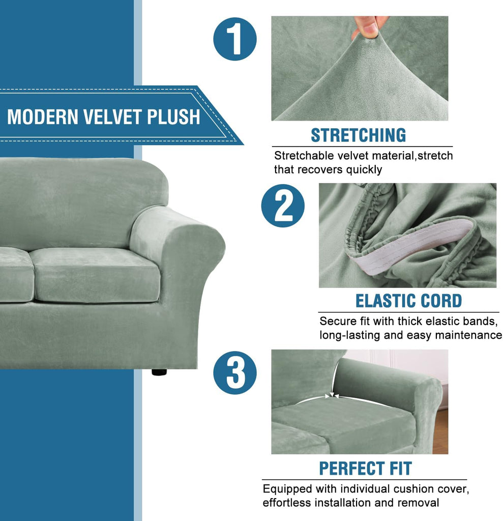 Modern Velvet Plush 4 Piece High Stretch Sofa Slipcover Sofa Cover Furniture Protector Form Fit Luxury Thick Velvet