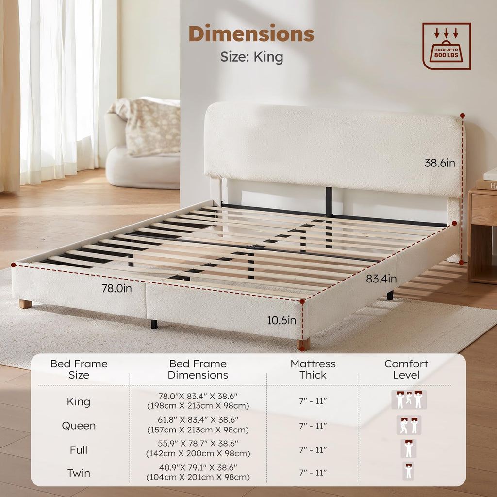 King Size Cloud Bed Frame, Boucle Wood Upholstered Platform Bed, Cream