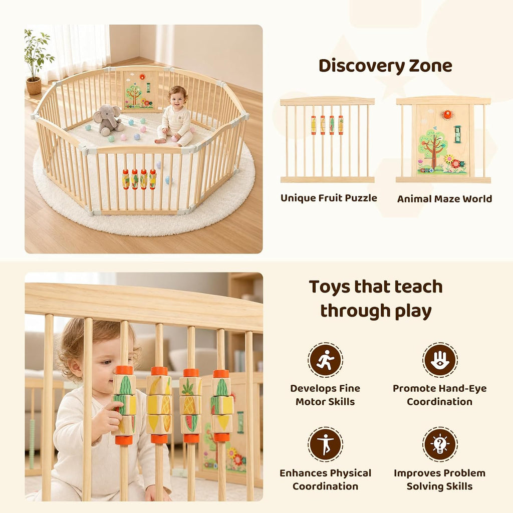 Wooden Baby Playpen, 60"×60"×25" 8-Panel Foldable Wood Play Yard with 2 Montessori Toys for Toddlers, Adjustable