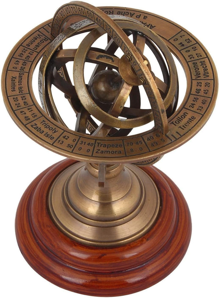 Engraved Antique Brass Astrolabe Sphere on Rosewood Base Nautical & Astrological Decor, Unique Gift or Office - Set of 10