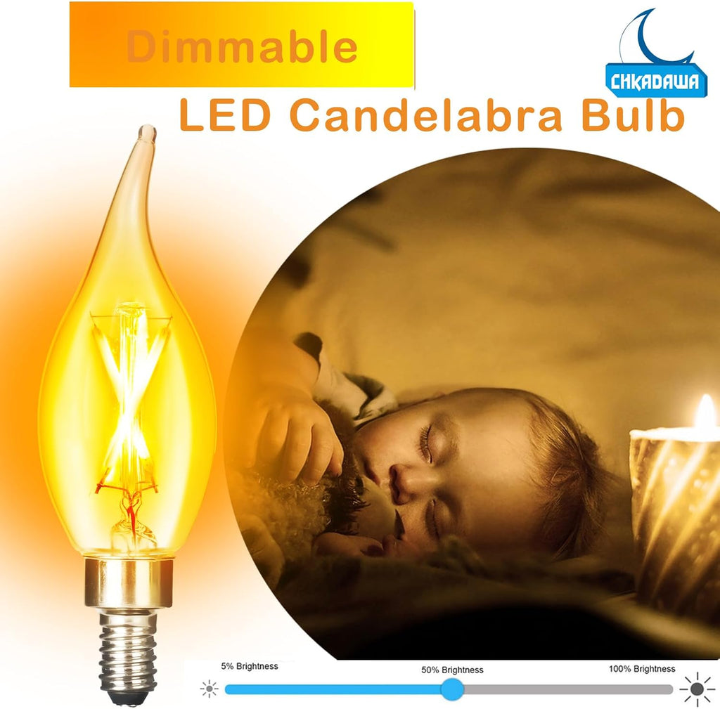 E12 Amber Candelabra Light Bulbs Dimmable 40 Watts Equivalent, Flame Tip Chandelier Light Bulbs CA11, Vintage Candle