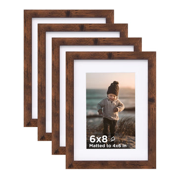 6x8 Picture Frame Rustic Brown Set of 4, Wooden Photo Frames Matted 4x6 with Plexiglass for 4x6 with Mat or 6x8