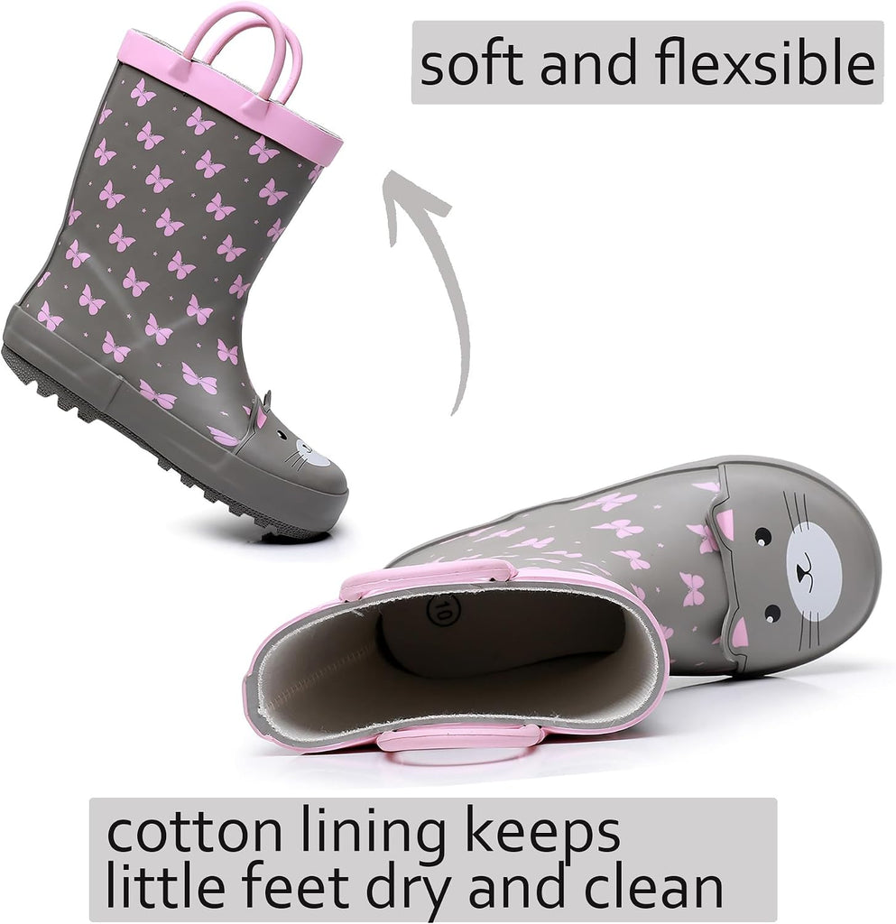 Toddler and Kids Rain Boots with Easy-On Handles, Unisex-Child Waterproof Rubber Rain Boots in Fun Patterns for Girls
