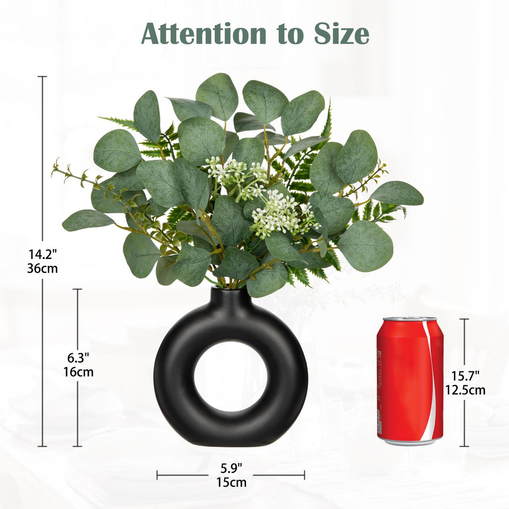 Artificial Eucalyptus Stems in Ceramic Vase 14.23" Fake Eucalyptus Plant Decor Black Donut Vase with Greenery