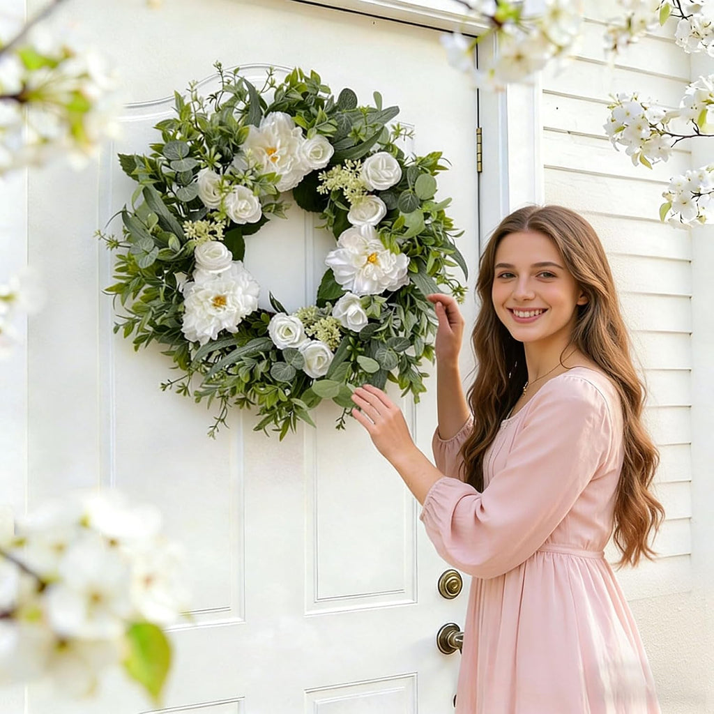 Summer Wreaths for Front Door 24" White Dahlia Rose Floral Wreath