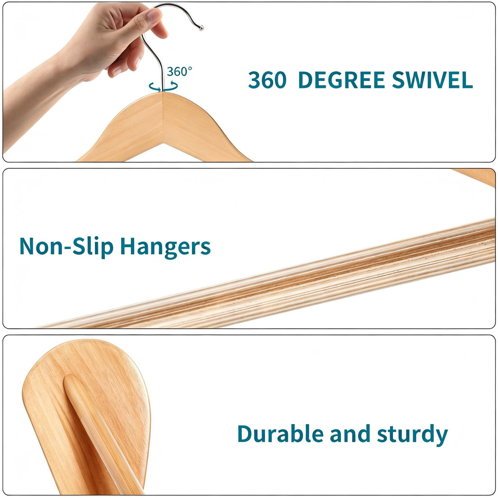Solid Wood Suit Hangers, 10 Pack, Coat Hangers with Non Slip Trouser Bar, 360° Swivel Hook, Heavy Duty Wide Hangers