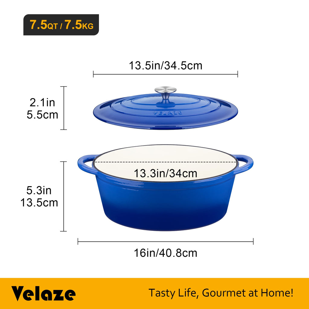 7.5 QT Oval Enameled Cast Iron Dutch Oven Pot with Lid,Blue